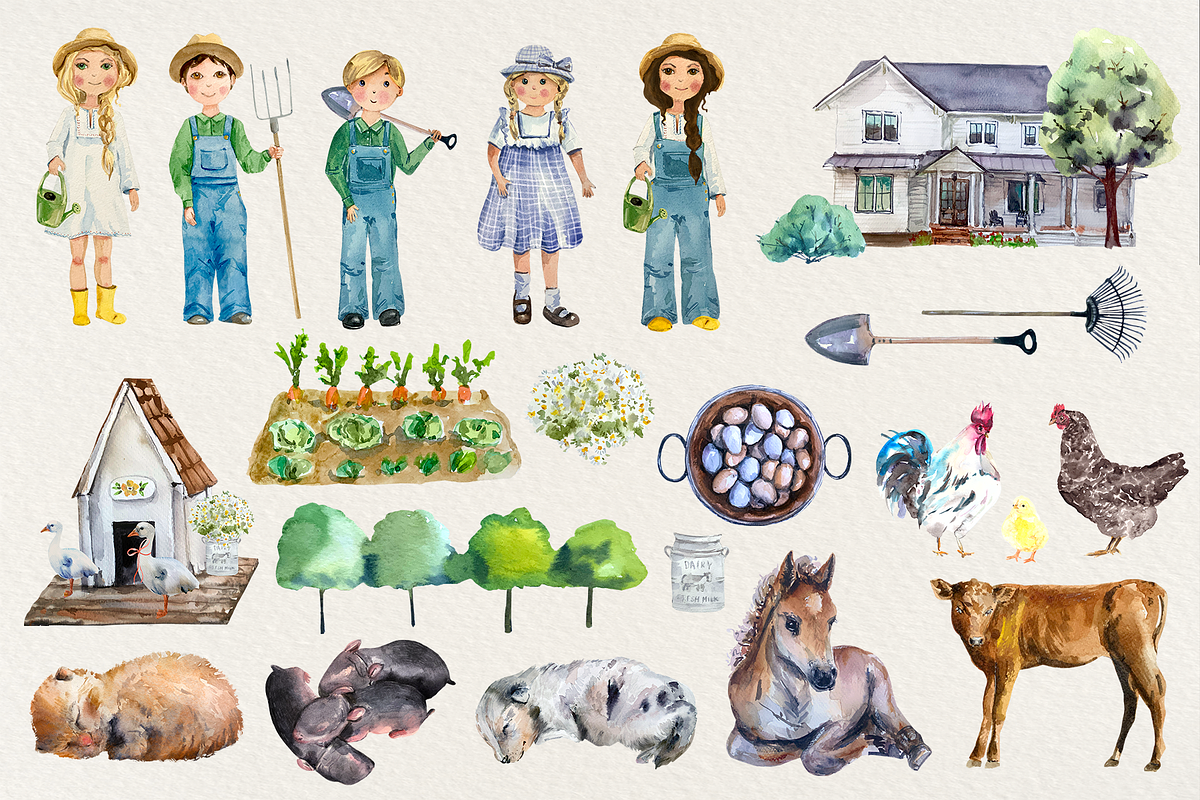 Little Farmers Watercolor Set, a Person Illustration by Tati Bordiu (Photo 2 of 7)