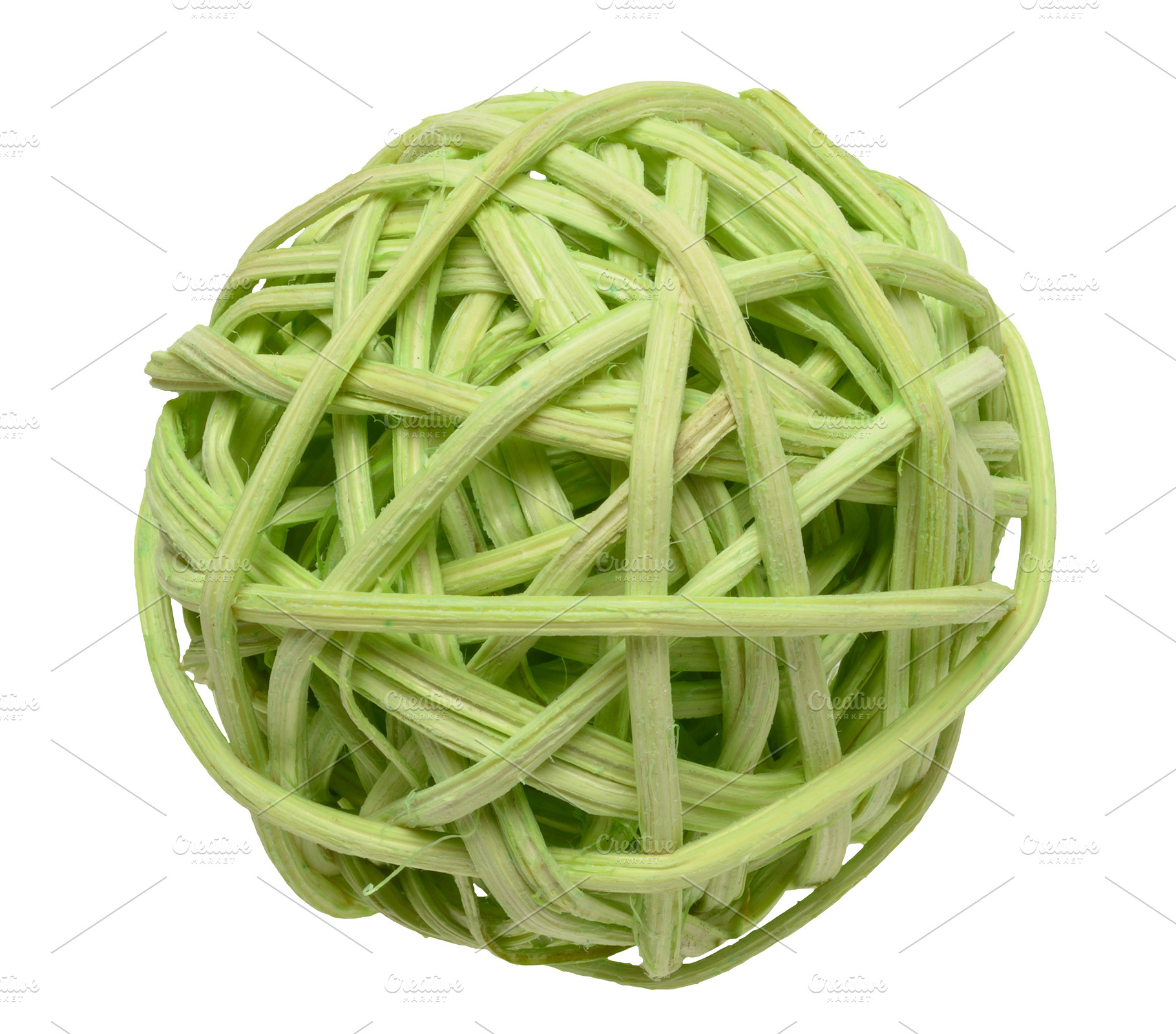 Green wicker rattan ball on white background, which is a decorat, a Photo by ndanko