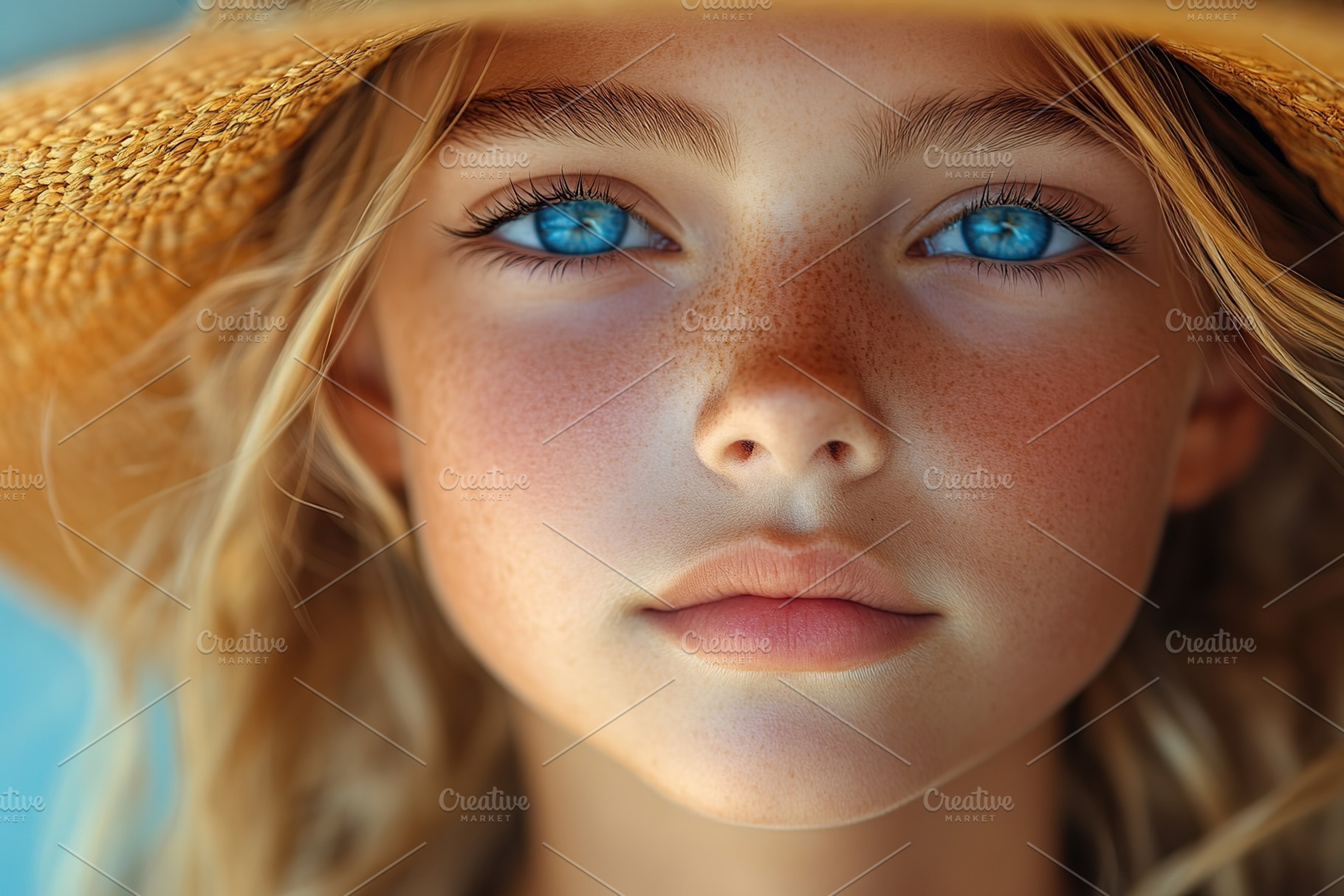 Young girl with striking blue eyes wearing a wide-brimmed hat outdoors during d, a Person Photo by AlyaAnd