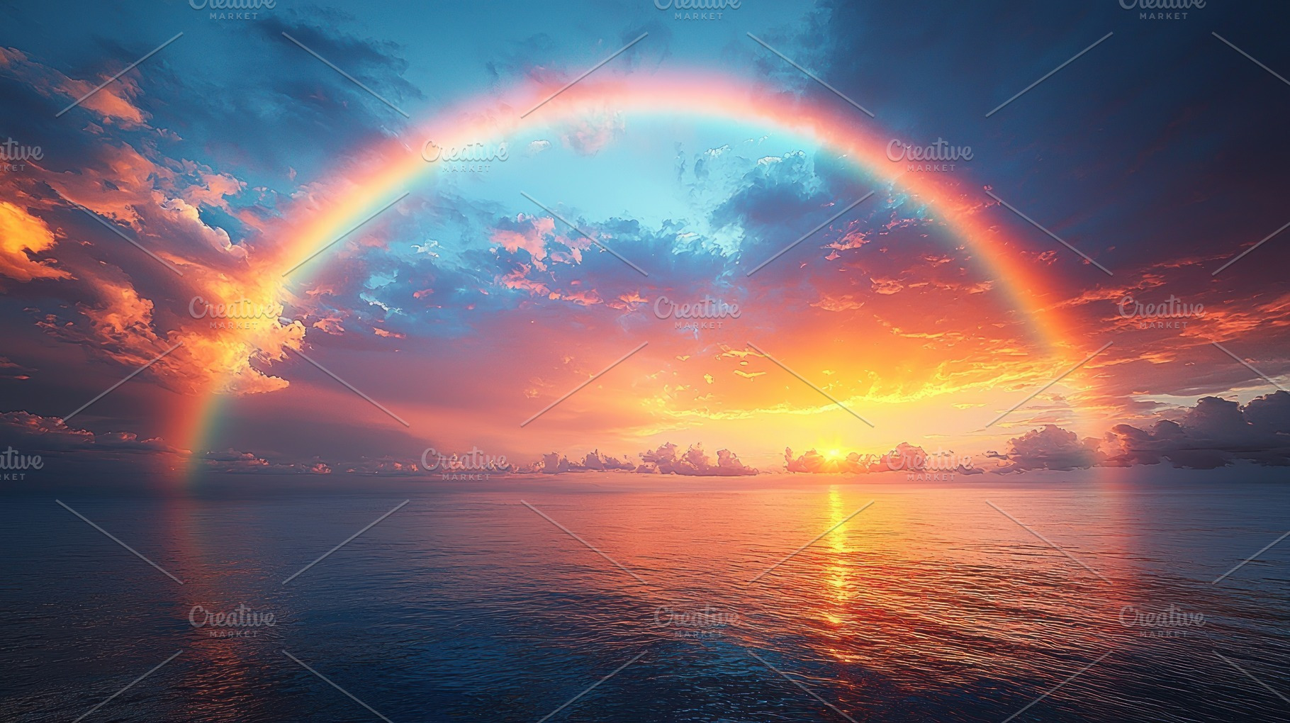 Vivid rainbow arching over calm ocean at sunset with dramatic cl, a Food & Drink Photo by José Manuel Gelpi