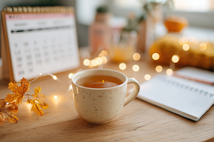 Cozy dorm desk decorated with autumn string lights and a warm cup of tea, a Food & Drink Photo by AlyaAnd