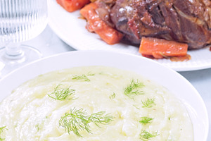 Horseradish and fennel puree or mashed potatoes with braised lamb shanks in bac, a Food & Drink Photo by iuliia_n