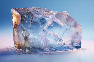 Ice cube melting with dramatic light reflections and abstract blue, purple, and, a Photo by Studio ANNA
