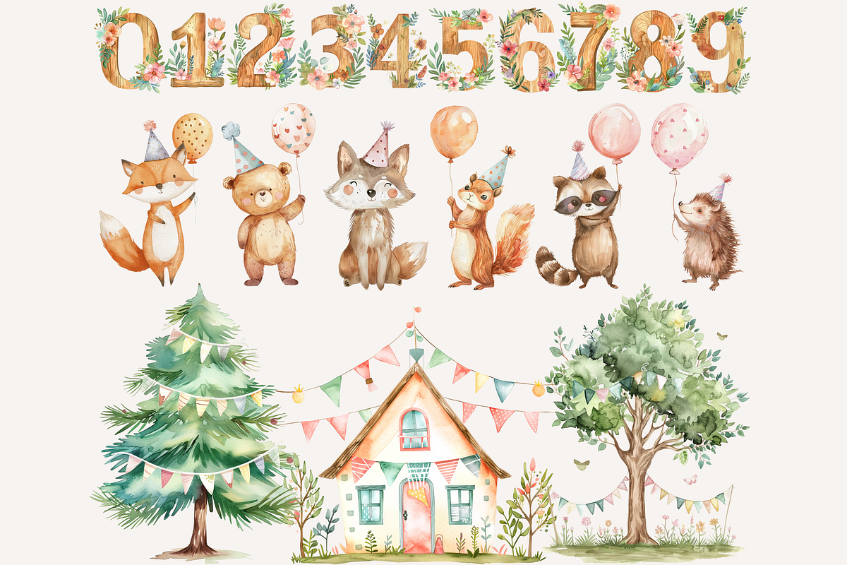 Woodland Party Watercolor Clipart, an Animal Illustration by ClipArtCharm (Photo 2 of 4)