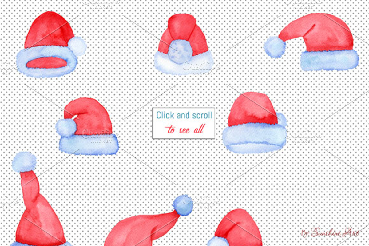 Watercolor Santa hats, a Decorative Illustration by Sunshine Art Shop (Photo 2 of 4)