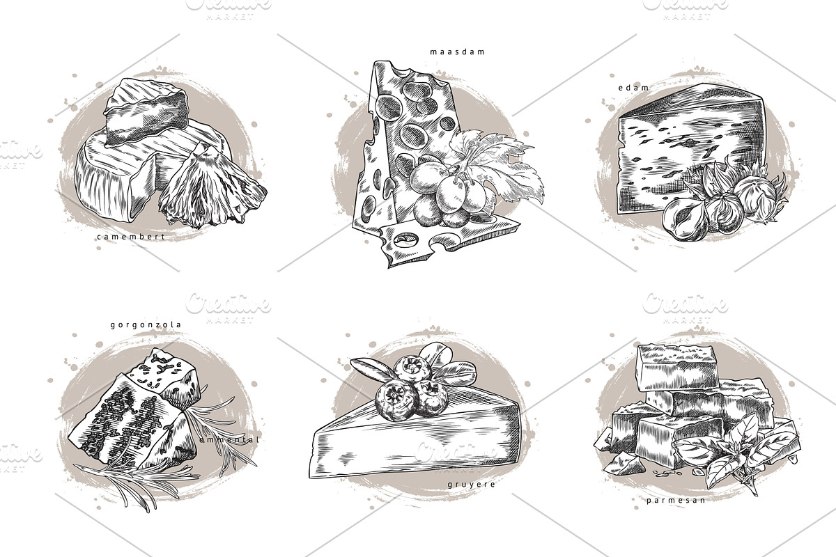 Vector sketch set of cheeses with, a Food Illustration by Sabelskaya