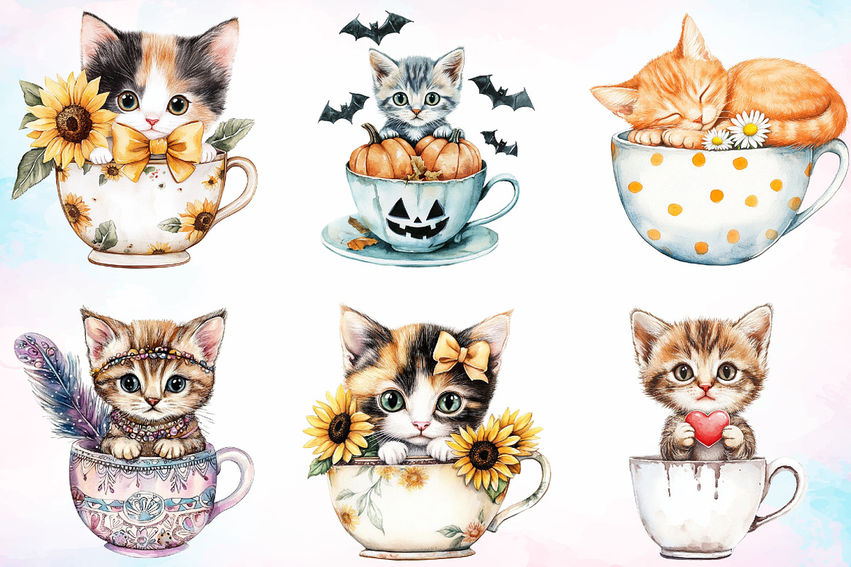 Watercolor Kitten in Teacup Clipart, an Illustration by Canvas Craft (Photo 4 of 4)