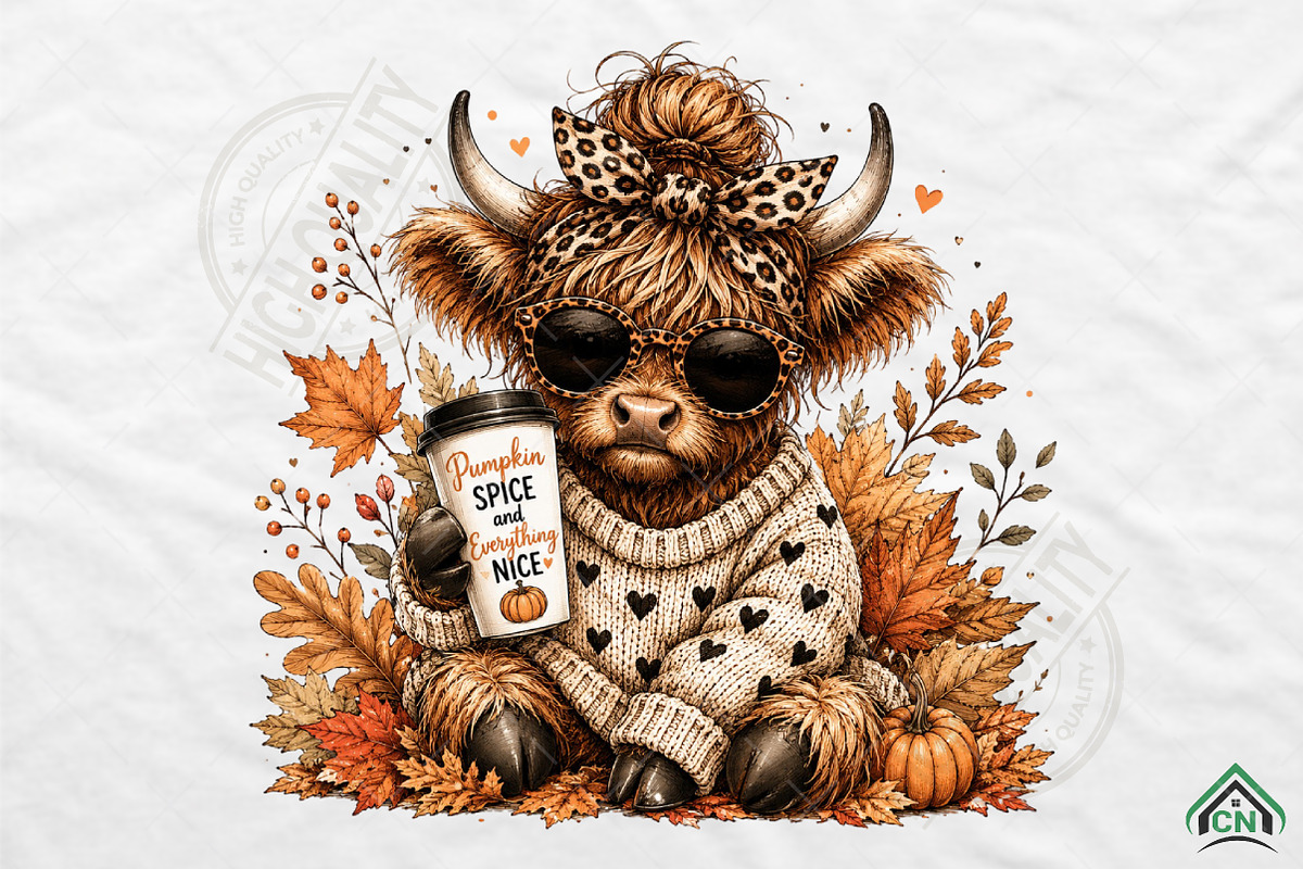 Cozy Fall Highland Cow PNG, a Seasonal Illustration by Craft Nest (Photo 1 of 6)