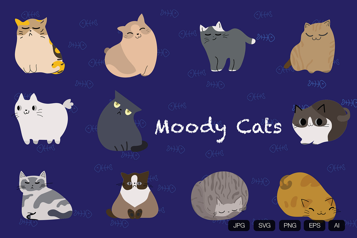 11 Moody Cats Hand Drawn, an Object Graphic by vintagio