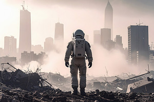 Astronaut exploring ruined city skyline surrounded by heavy smok, a Nature Photo by GoodGoods