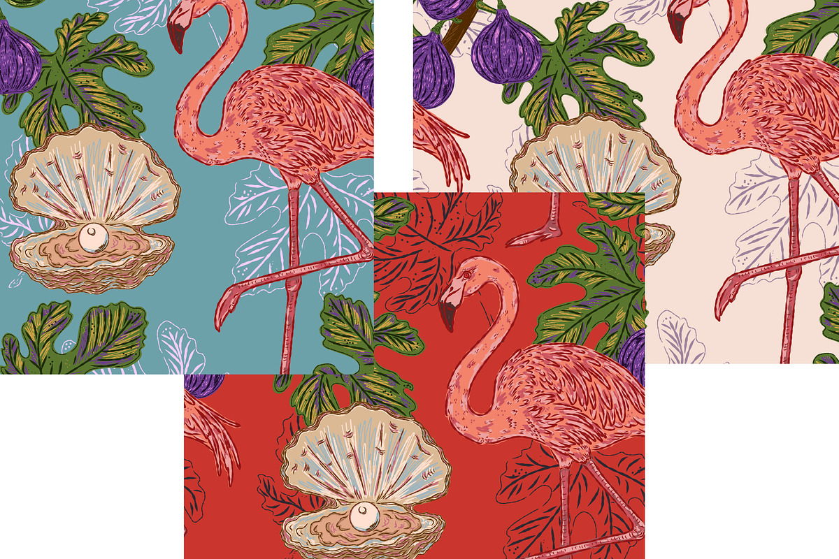 Flamingo, Fig and Pearl Oyster, a Pattern Graphic by NayaChu (Photo 2 of 9)