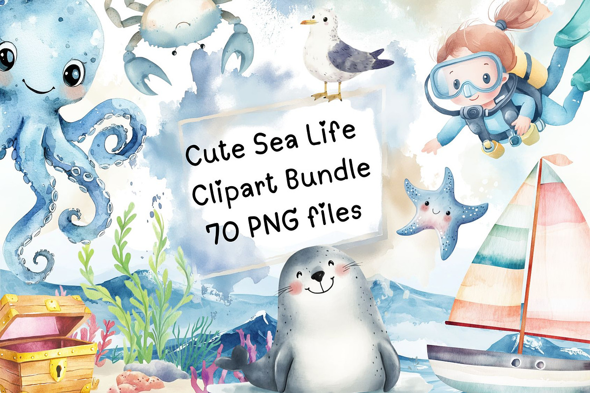 Cute Sea Life Clipart, an Illustration by PassionPNGcreation (Photo 1 of 13)