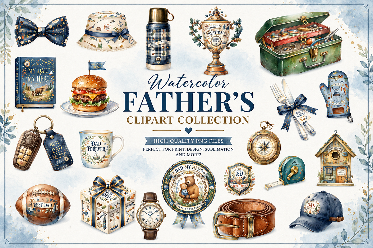 Father's Day Watercolor Clipart Set, a Decorative Illustration by Arslan (Photo 1 of 8)
