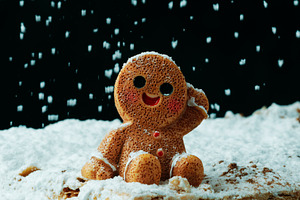 gingerbread man resting under snowfall, a Photo by Nito