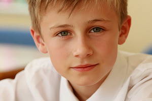 Young boy student portrait wearing school uniform, looking at ca, a Person Photo by Studio ANNA
