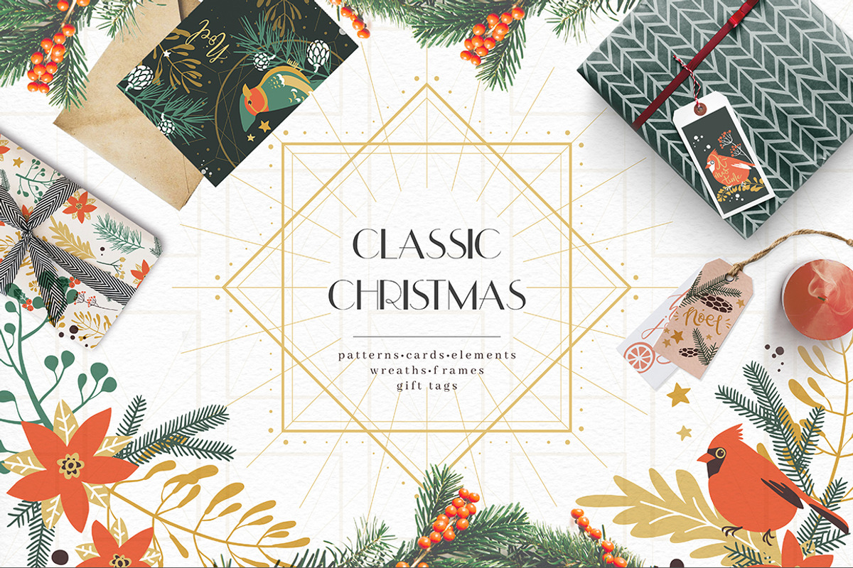 Classic Christmas. Clipart set, a Decorative Illustration by Dinkoobraz (Photo 1 of 11)
