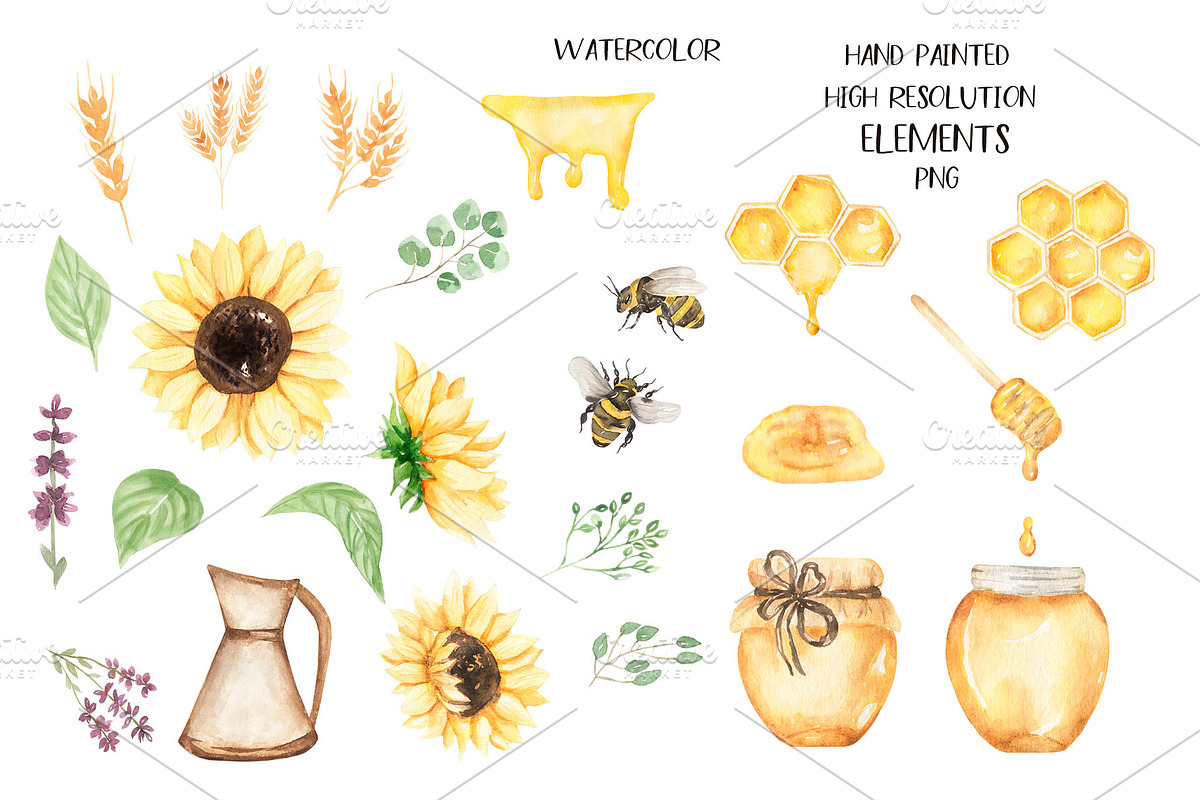 Watercolor Sunflowers, Honey & Bees, a Decorative Illustration by MayaNavits (Photo 2 of 9)