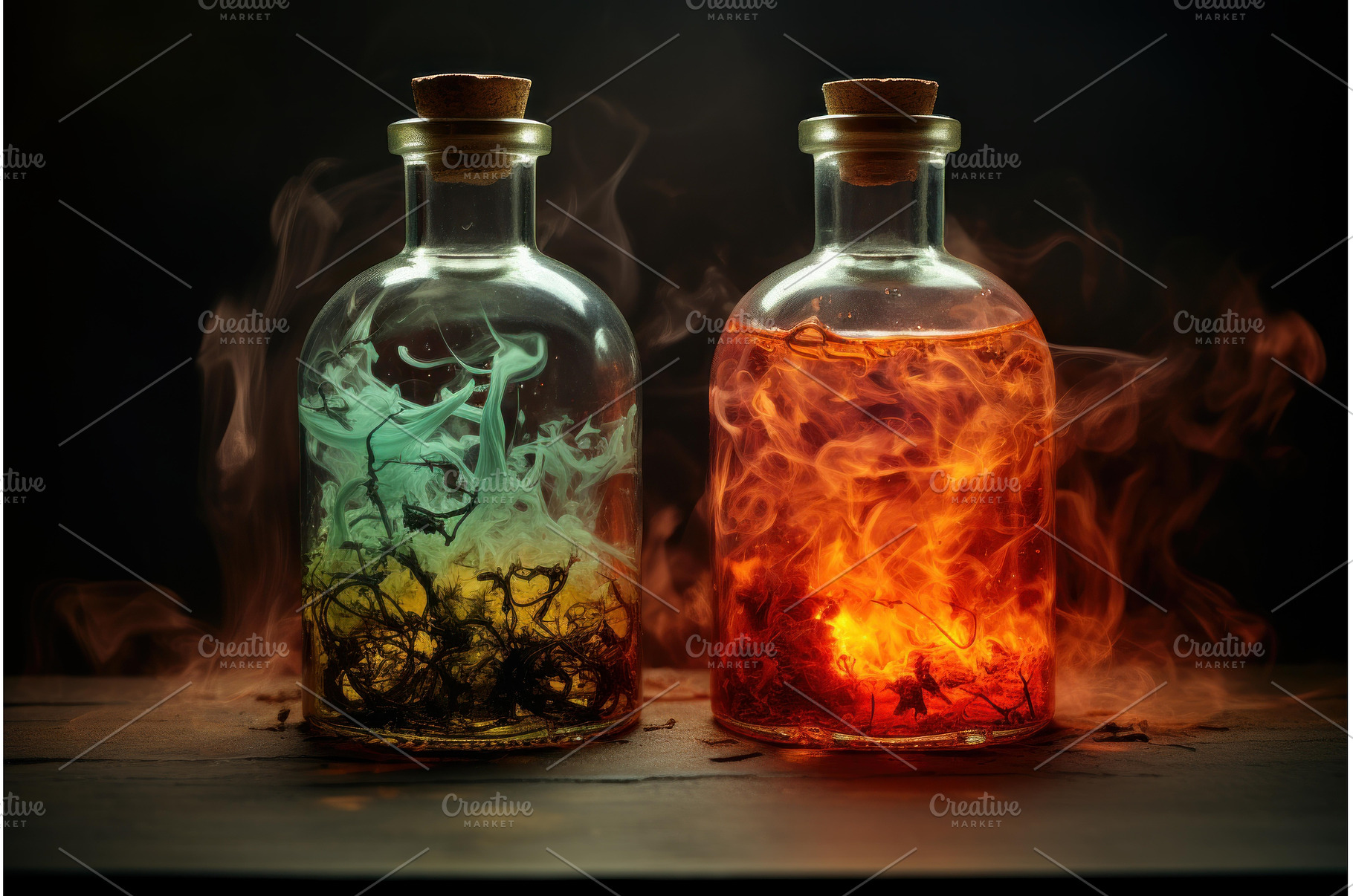 Enchanted bottles with colored smoke, a Background Photo by Ylivdesign