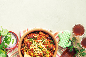 Mexican Beef Chili Con Carne with Nachos and Fresh Ingredients, a Food & Drink Photo by Natalia Klenova's Shop