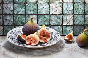 Plate of ripe sliced figs with glass backdrop