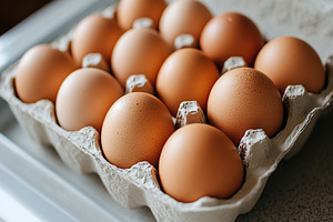 Fresh brown eggs in carton box, a Food & Drink Photo by AlyaAnd