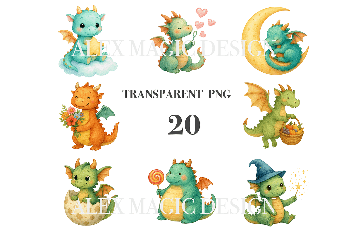 Cute Baby Dragon Clipart Set, a Decorative Illustration by Pati Charm Studio (Photo 3 of 8)