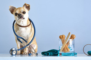 Chihuahua Wearing Stethoscope in Vet Setting, an Animal Photo by Davizro's Market