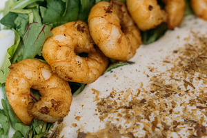 Seafood dish green salad gourmet recipe prawns, a Food & Drink Photo by Photo Drive Studio