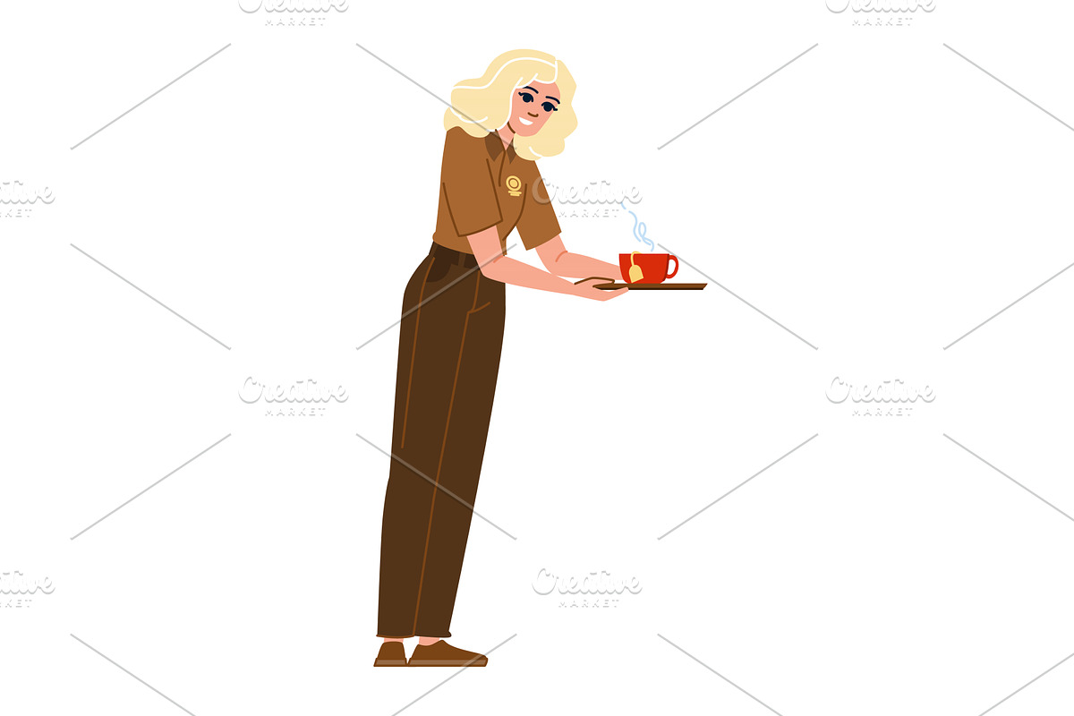 Smiling waitress holding tray with, a Food Illustration by pikepicture