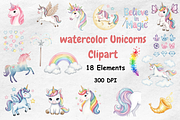 Watercolor Unicorns Clipart, a Decorative Illustration by BerryPieArt (Thumbnail 1 of 4)