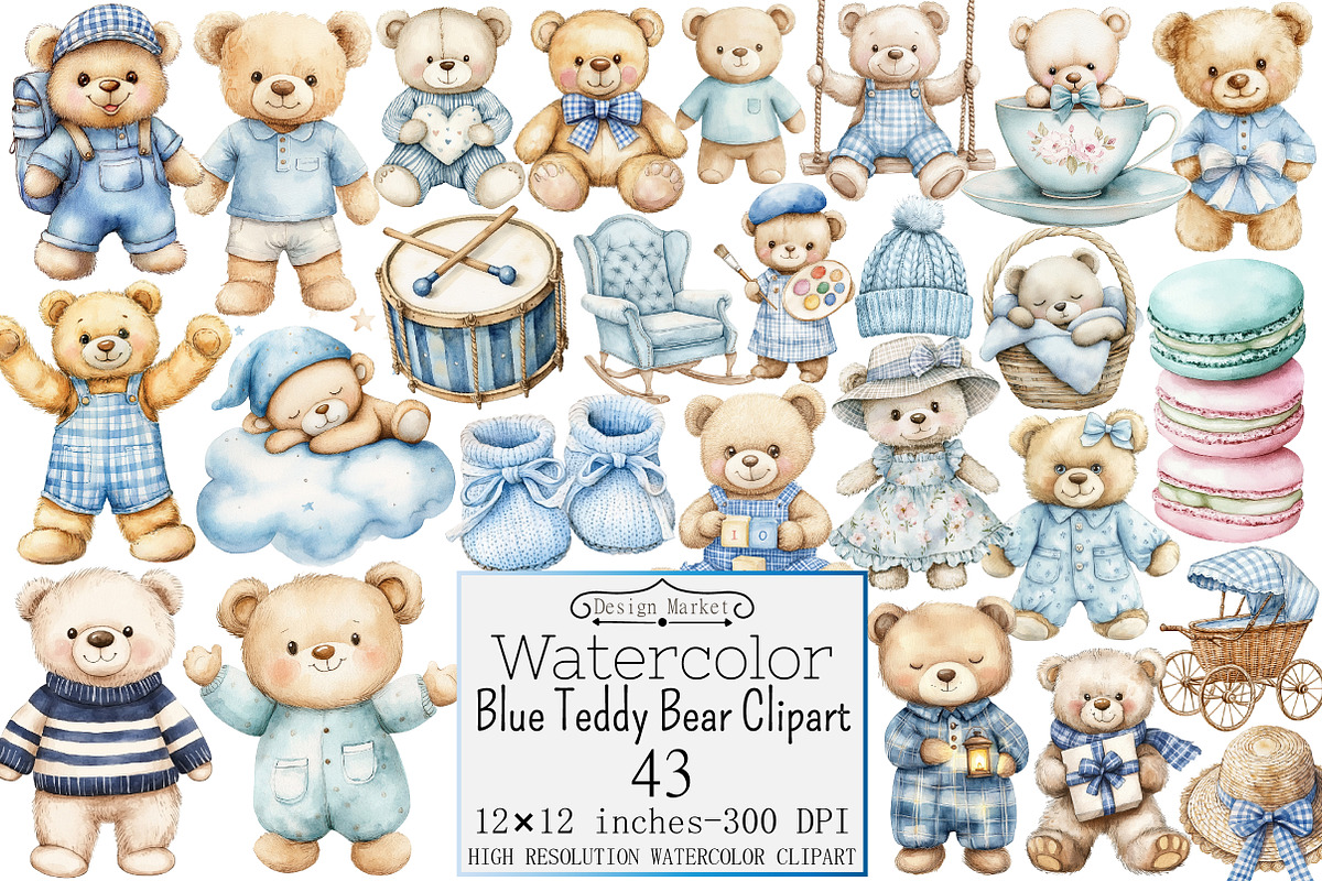 Watercolor Blue Teddy Bear Clipart, a Seasonal Illustration by Design Market (Photo 1 of 5)