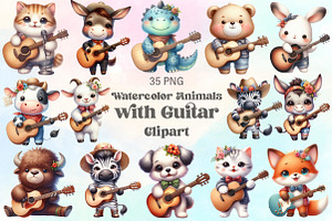 Watercolor Animals With Guitar PNG, an Illustration by CraftArtStudio