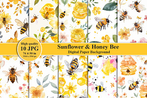 Sunflower Honey Bee Digital Paper