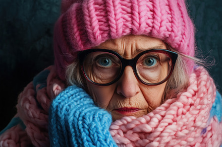 A close-up portrait of an elderly woman wearing a large pink knitted hat and a, a Person Photo by Textures & Backgrounds