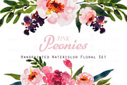Pink Peonies-Watercolor Clip Art, an Illustration by SmallHouseBigPony (Thumbnail 1 of 4)