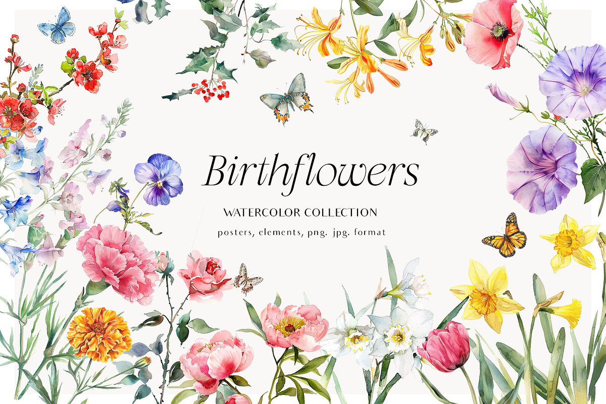 Watercolor Birthmonth florals Set, a Decorative Illustration by Grace Noboa Illustrations (Photo 1 of 10)