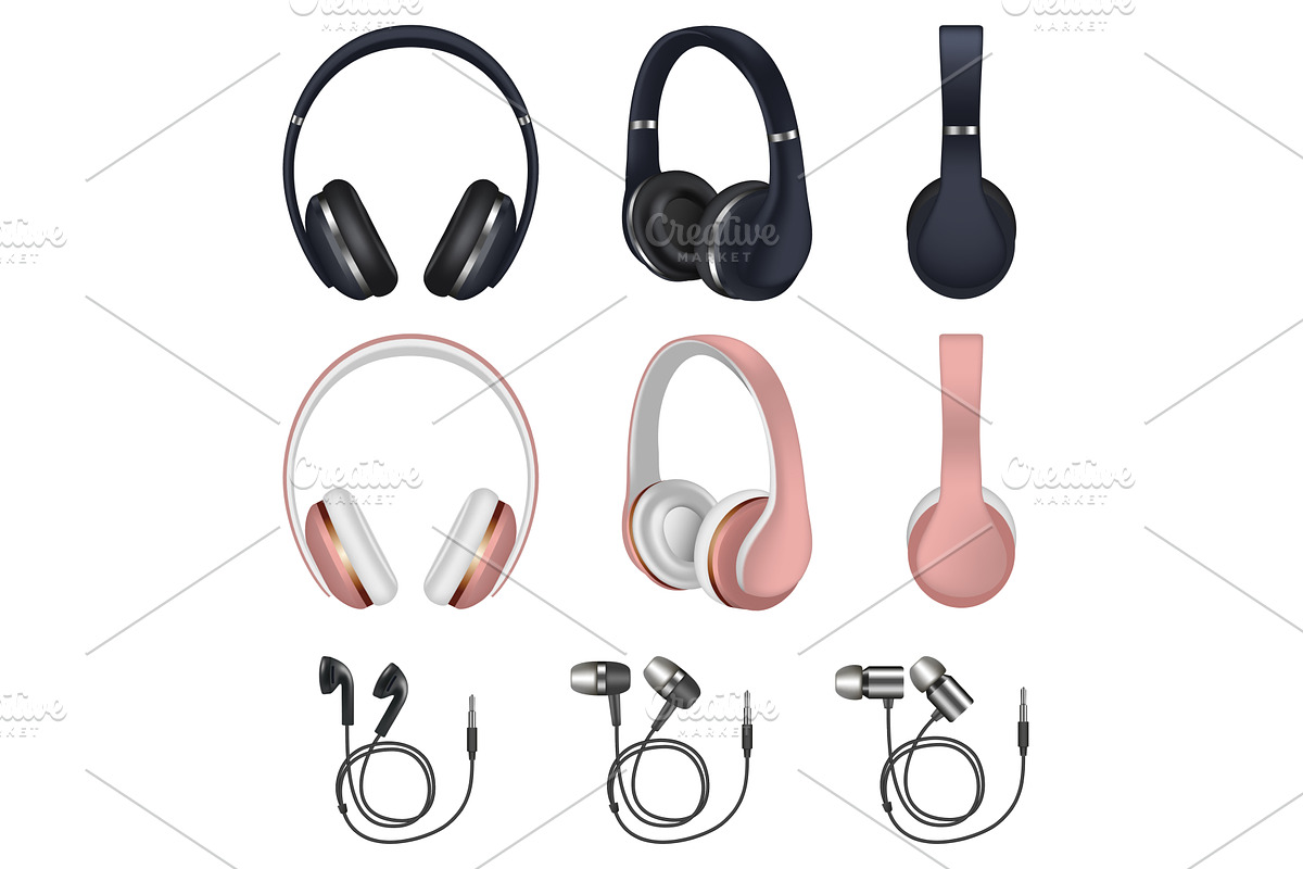 Headphones icon set, realistic style, an Object Illustration by Ylivdesign