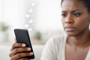 Woman with smartphone displaying soc, a Photo by Dvoevnore photos