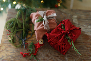 Zero waste christmas gifts. Stylish christmas presents wrapped i, a Holiday Photo by Sonjachni
