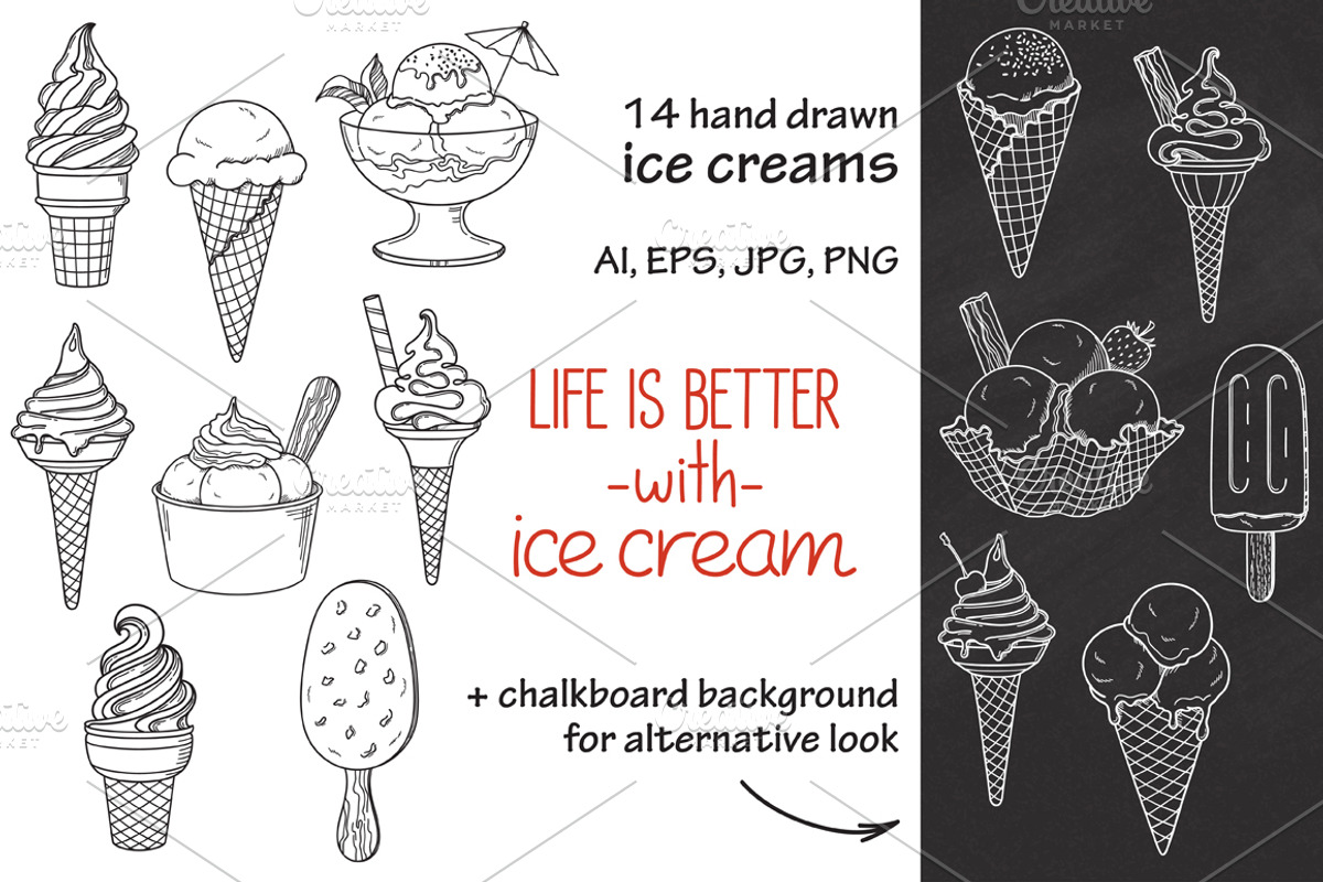 14 hand drawn ice creams vector set, a Background Graphic by InkySplash (Photo 1 of 6)