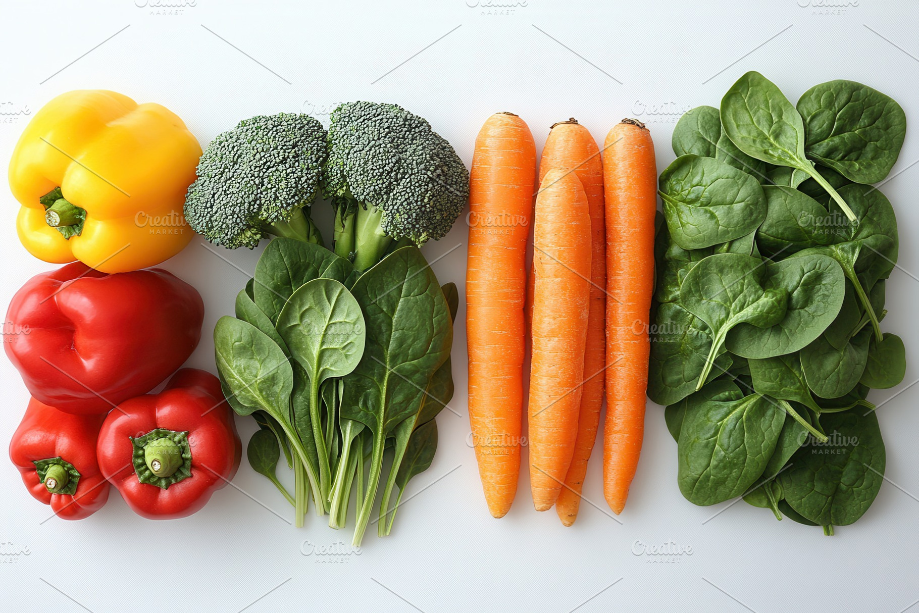 Fresh vegetables arranged on a white, a Photo by Tanuart