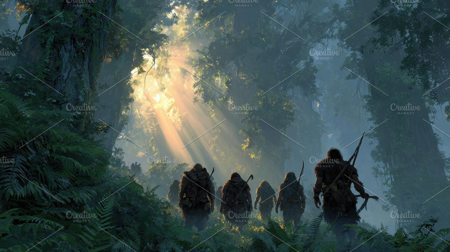 Tribal Journey Through Sunlit Jungle, a Photo by Pixeness Studio