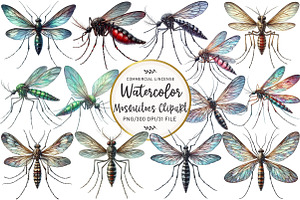 Watercolor Mosquitoes Clipart, an Illustration by OK Design