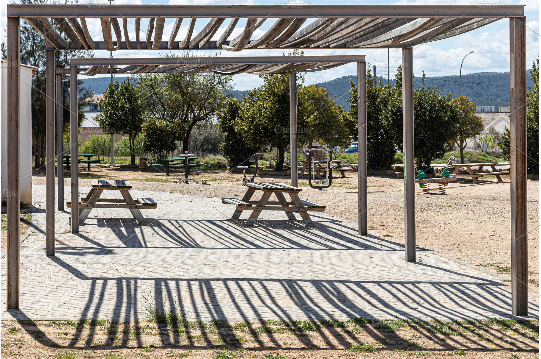 Two Empty gray wooden tables on the, a Food & Drink Photo by Illustrations&photos