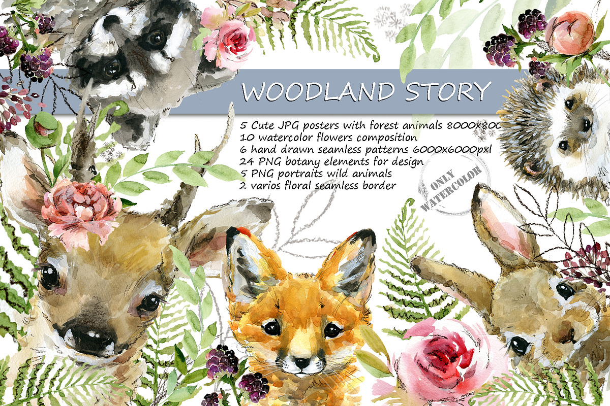 Baby Forest Animals Watercolor set, an Animal Illustration by FineArt