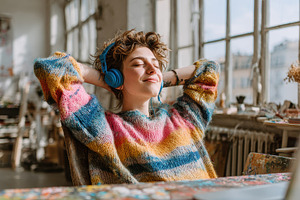 Woman relaxing in art studio listeni, a Photo by Pixeness Studio
