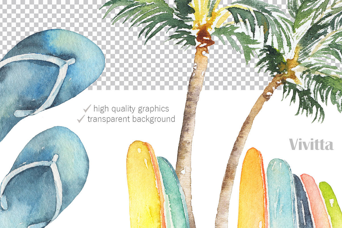 Surfing watercolor clipart set, an Illustration by Vivitta (Photo 2 of 9)