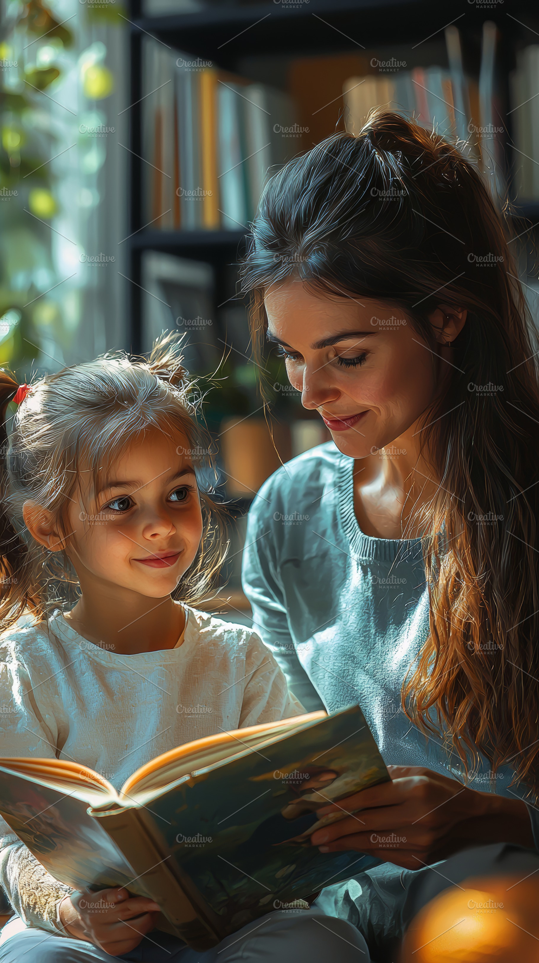 Teacher and young girl reading a book together in class, a Photo by AS photostudio