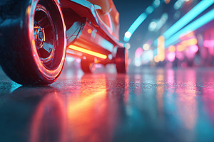 Futuristic car wheel with neon reflections, a Transportation Photo by AlyaAnd
