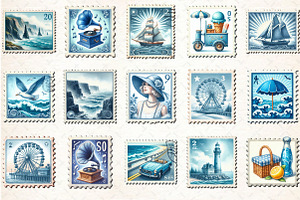Blue Summer 1920 Postage Stamps Clip, an Illustration by Rose Art